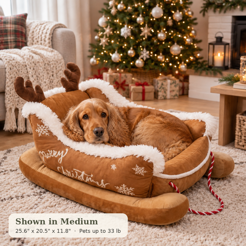 Cocker Spaniel in the brown reindeer sleigh pet bed, shown in Medium