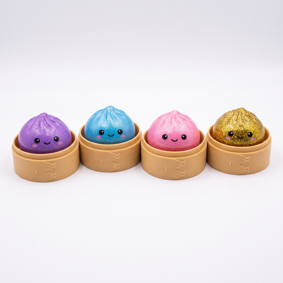 Secret Rare Squishy - four glittery mystery dumpling squishies in steamer baskets