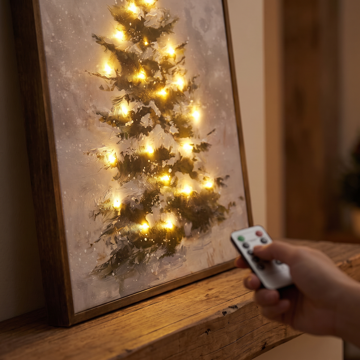 Close-up of the lighted canvas with the remote control