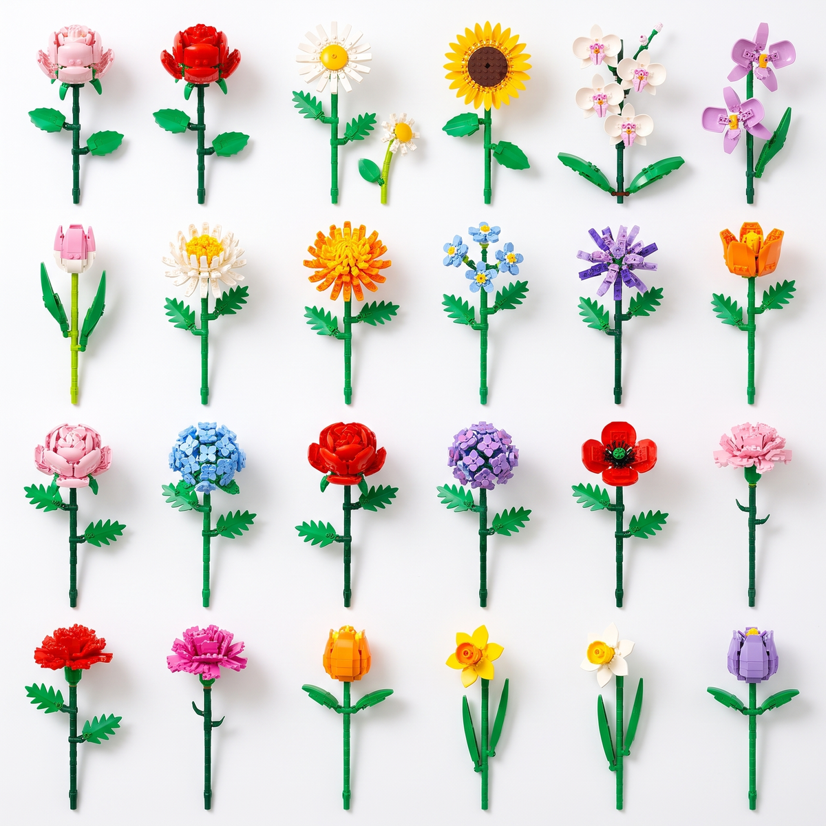 All 24 buildable flowers laid out