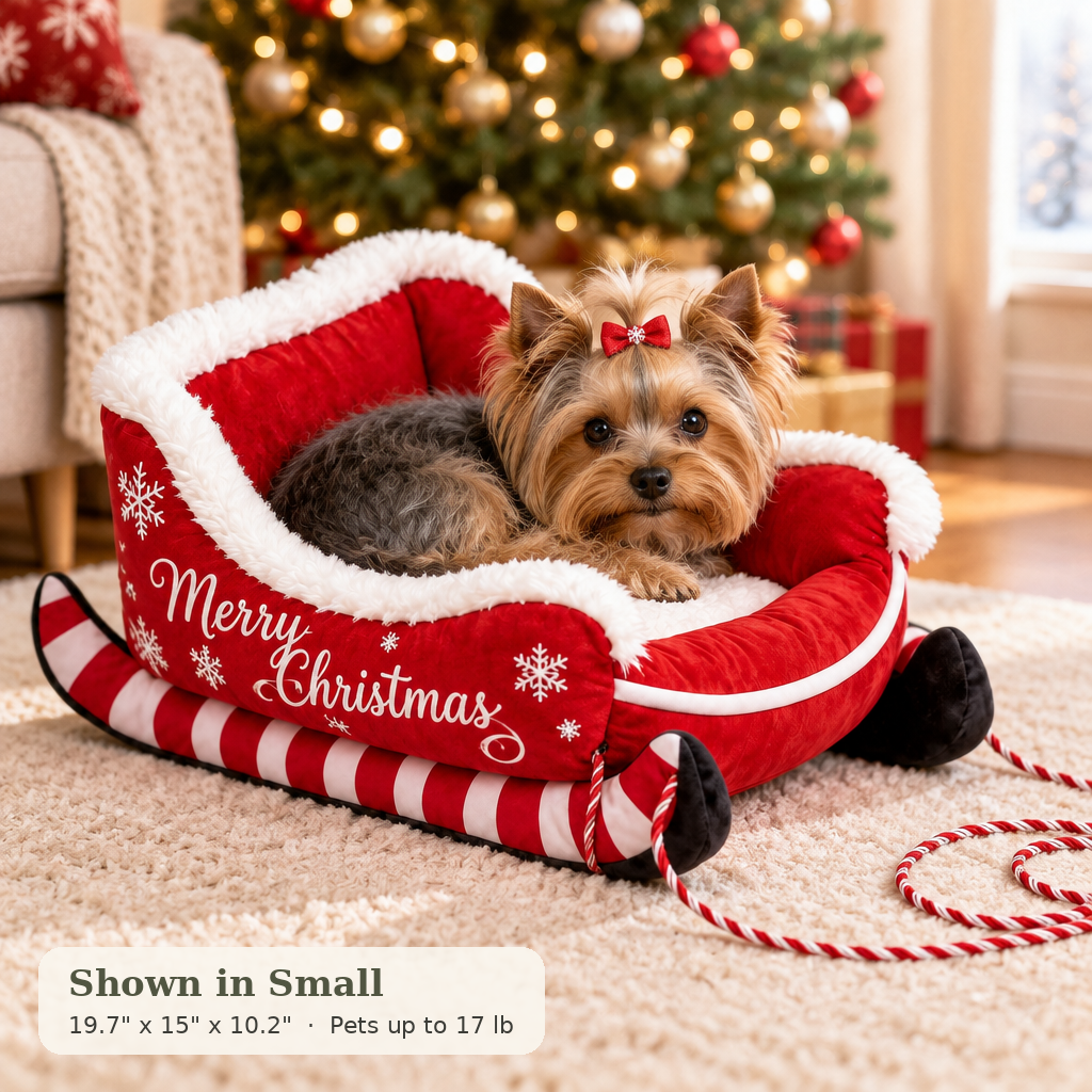 Yorkshire Terrier in the red Santa Sleigh Pet Bed, shown in Small