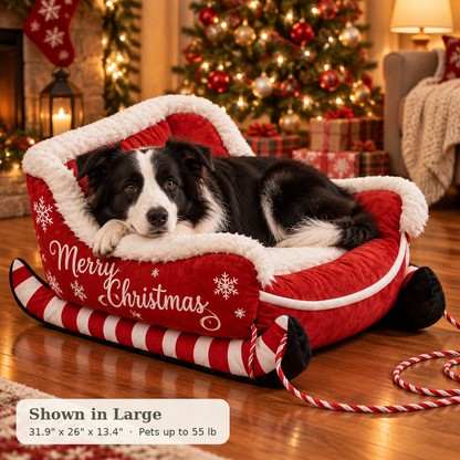 Border Collie in the red Santa Sleigh Pet Bed, shown in Large