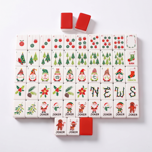 Christmas Gnome Mahjong Tile Set – 160 tiles laid out with red backs