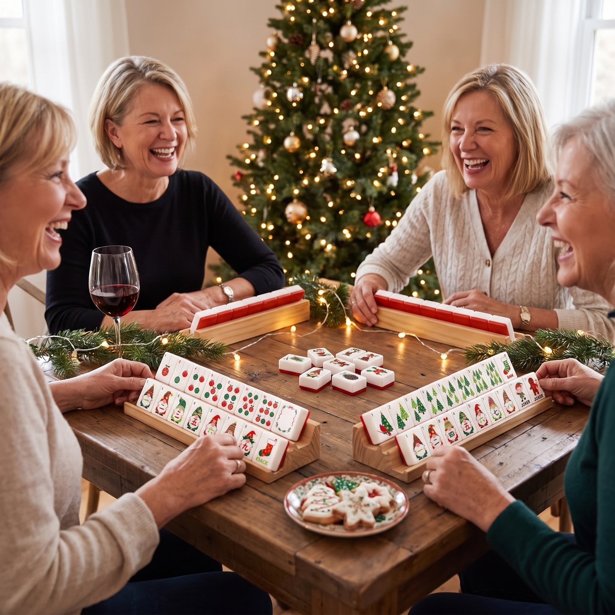 Friends playing American mahjong with the Christmas Gnome tile set on game night