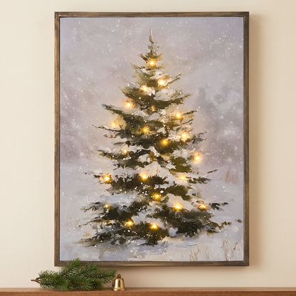 Lighted Snowy Tree Canvas – framed canvas with warm LED lights, hanging on a wall