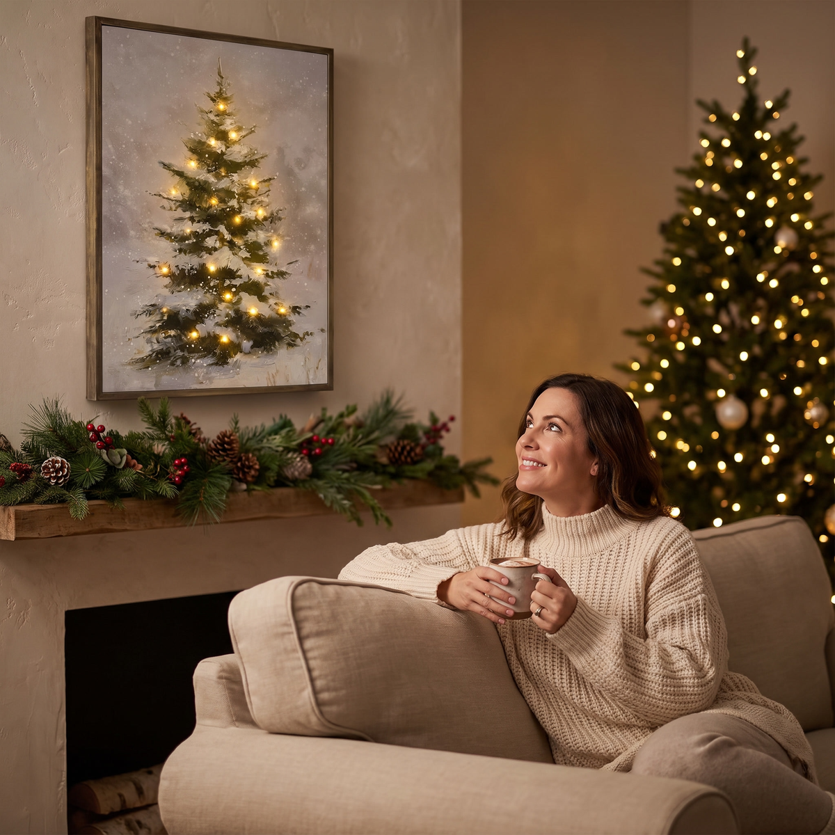 Lighted Snowy Tree Canvas glowing above a fireplace mantel in a cozy living room