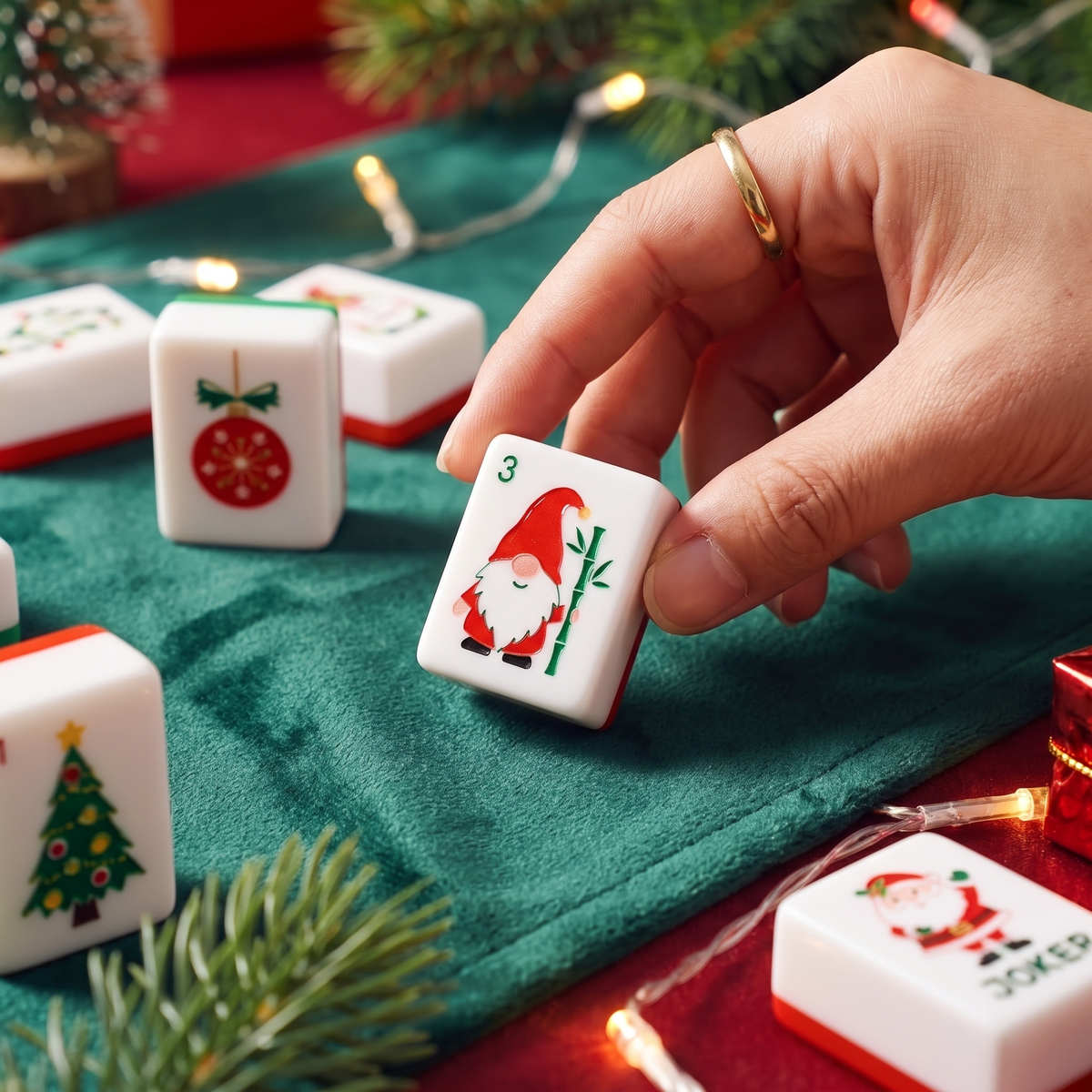 Close-up of a Christmas gnome mahjong tile in hand