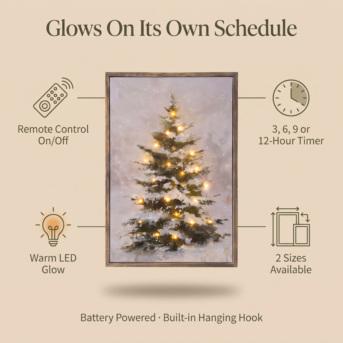 Lighted Snowy Tree Canvas features – remote control, timer, warm LED glow, 2 sizes