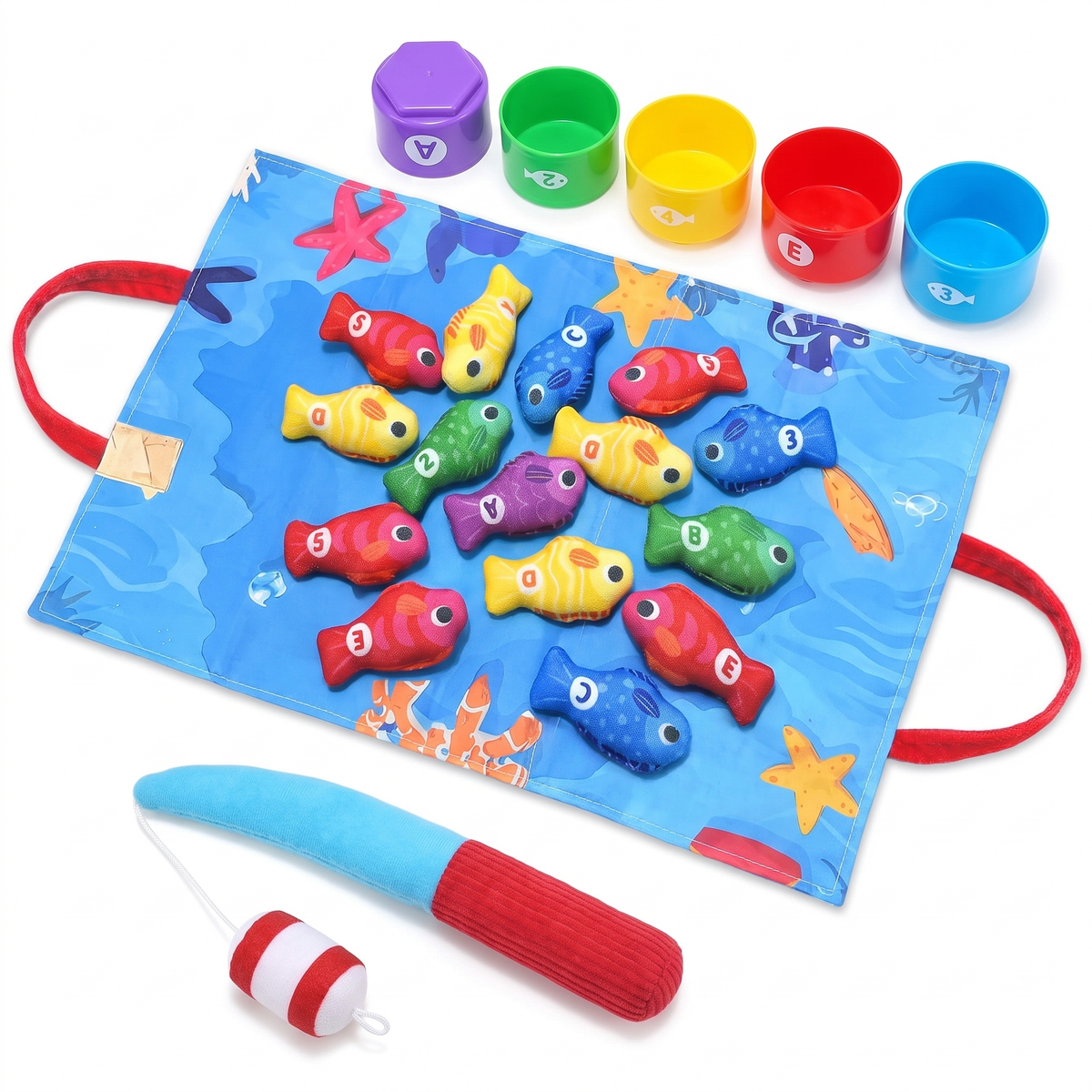 Montessori Fishing Toy Set – fabric rod, 15 plush fish, 5 stacking cups and ocean play mat