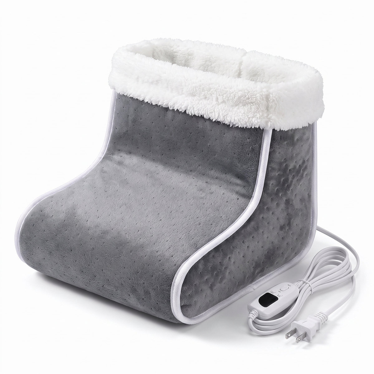 Heated Foot Warmer – grey plush boot-shaped foot warmer with faux-fur lining