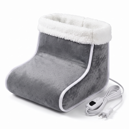 Heated Foot Warmer – grey plush boot-shaped foot warmer with faux-fur lining