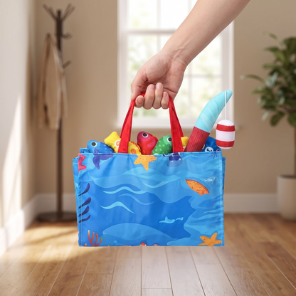 Ocean play mat folded into a carry bag with the fishing set inside
