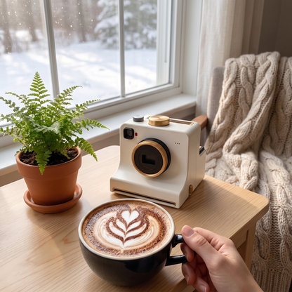 Coffee Art Camera by a window with a decorated cappuccino
