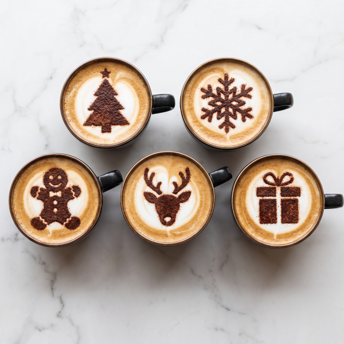 Cappuccinos decorated with Christmas cocoa stencil designs