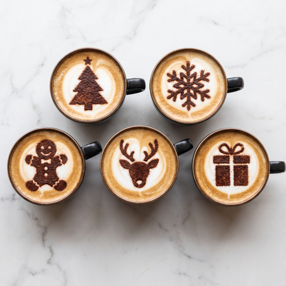 Cappuccinos decorated with Christmas cocoa stencil designs