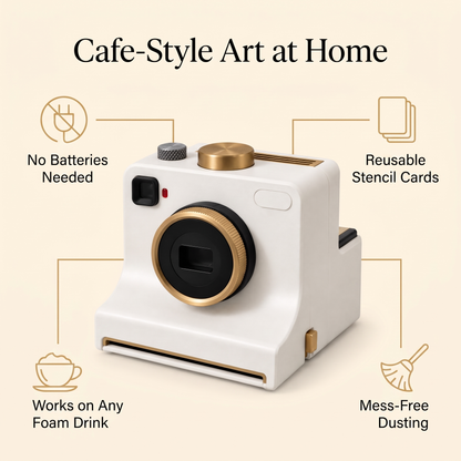 Coffee Art Camera features: no batteries needed, reusable stencil cards, works on any foam drink, mess-free dusting