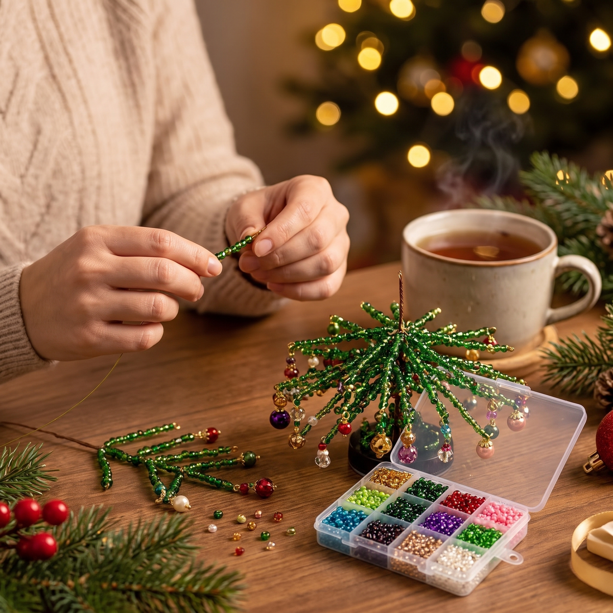 Hands beading a branch for the Christmas tree kit