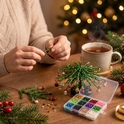 Hands beading a branch for the Christmas tree kit
