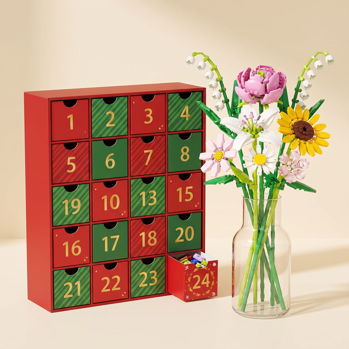 Blooming Advent Calendar with 24 numbered drawers and a finished building-block flower bouquet