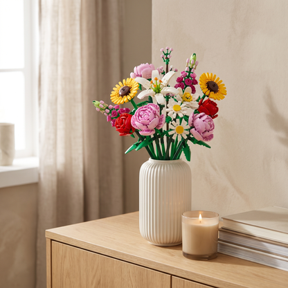 Finished building-block flower bouquet displayed in a vase