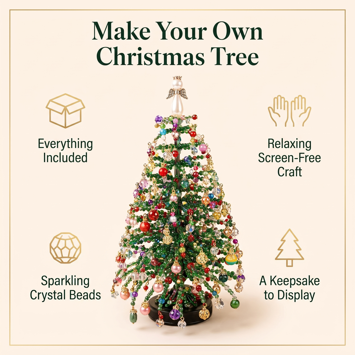 Beaded Christmas tree kit features: everything included, relaxing screen-free craft, sparkling crystal beads, a keepsake to display