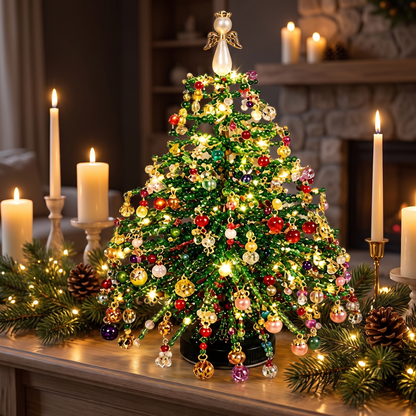 Finished beaded crystal Christmas tree on a mantel with candles