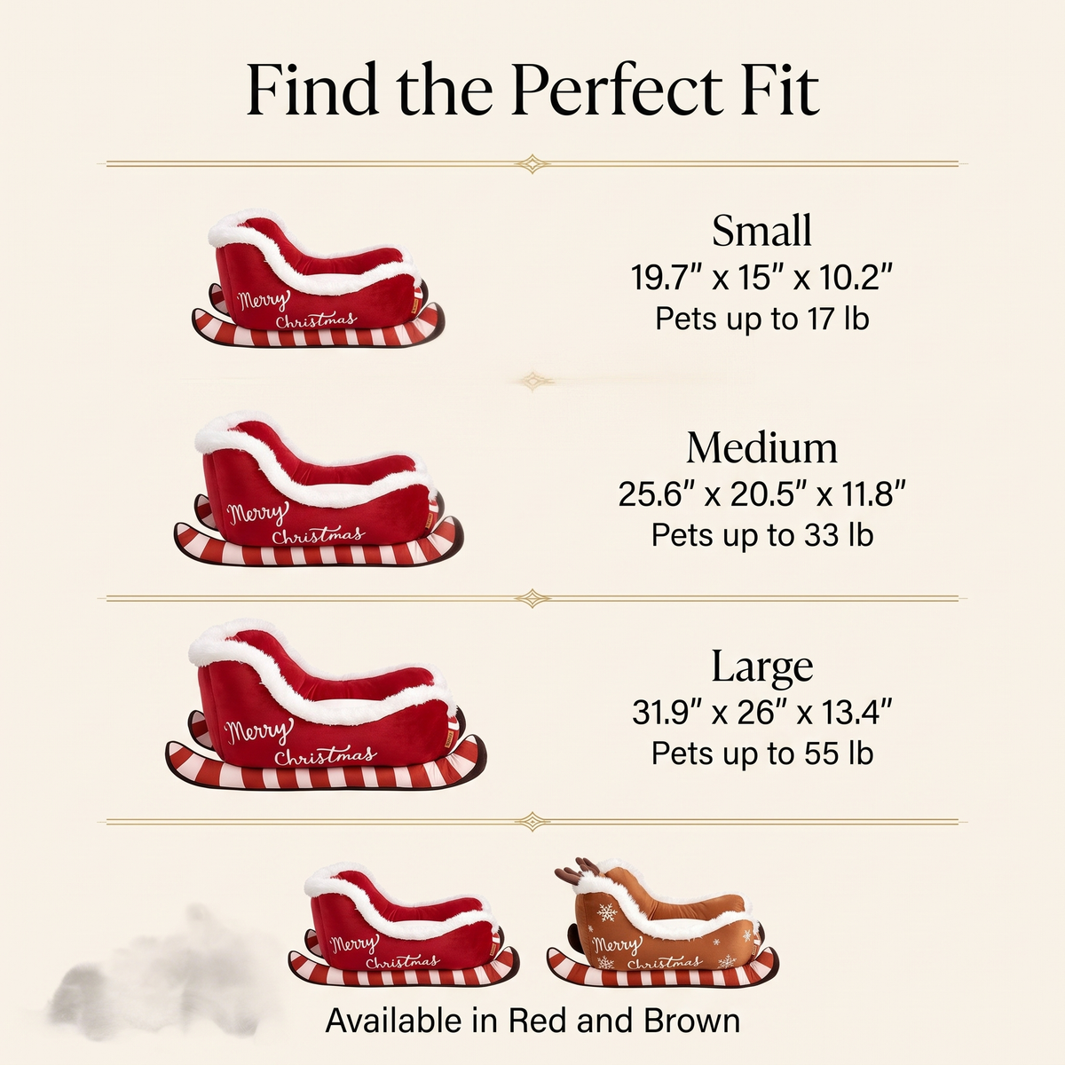 Santa Sleigh Pet Bed size guide: small, medium and large, available in red and brown