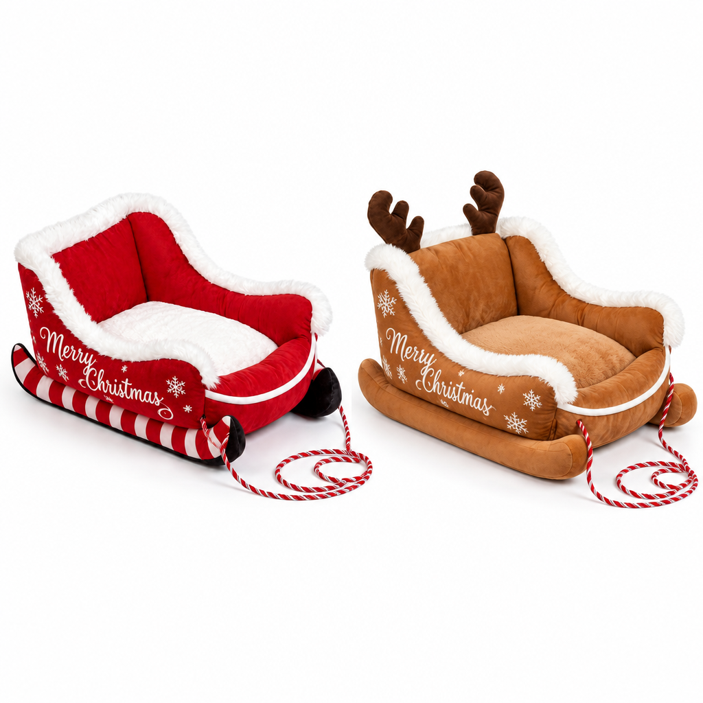 Santa Sleigh Pet Bed in Red and Brown on a white background