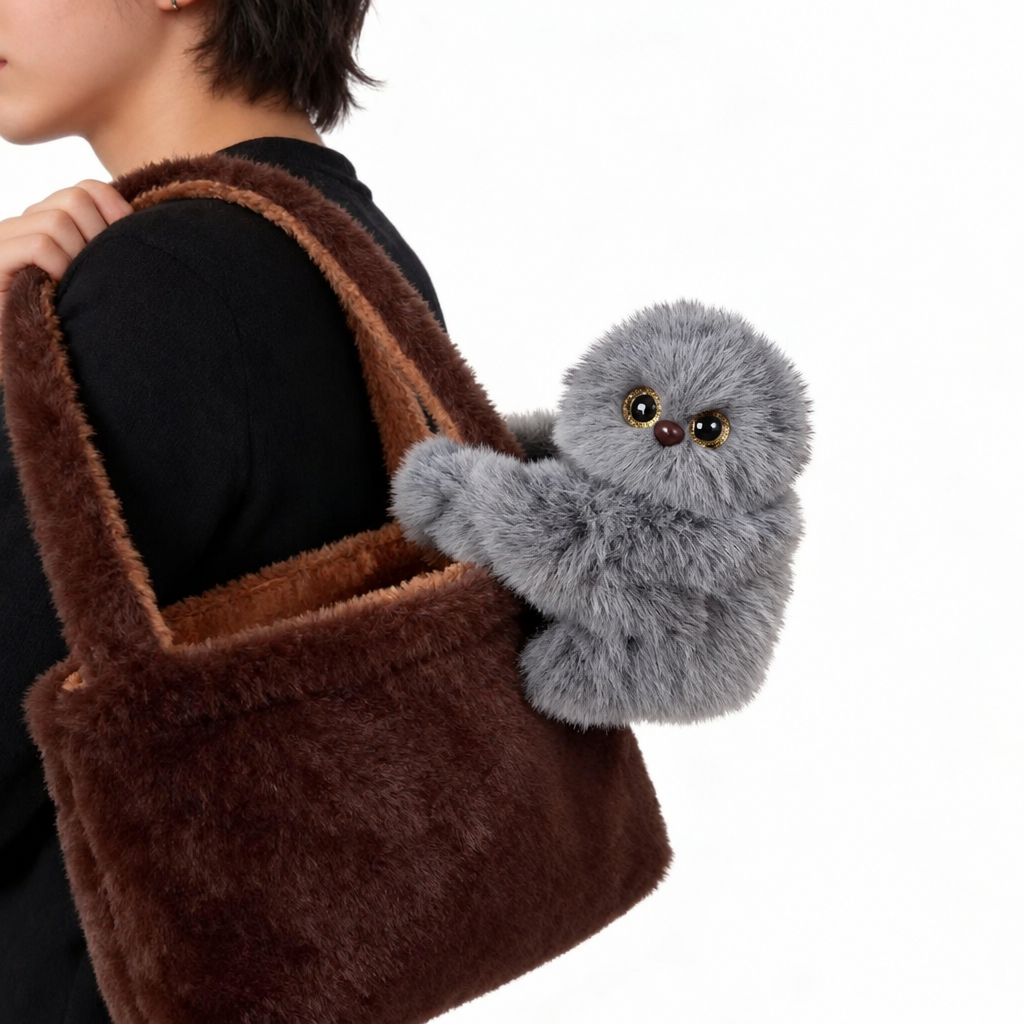 Grey Peeko Bag Buddy on a brown shoulder bag