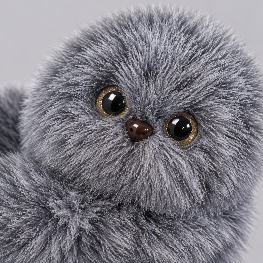 Close-up of Peeko's frosted grey fur and gold glitter eyes