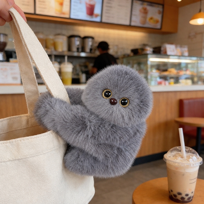 Grey Peeko Bag Buddy hugging a canvas tote in a cafe
