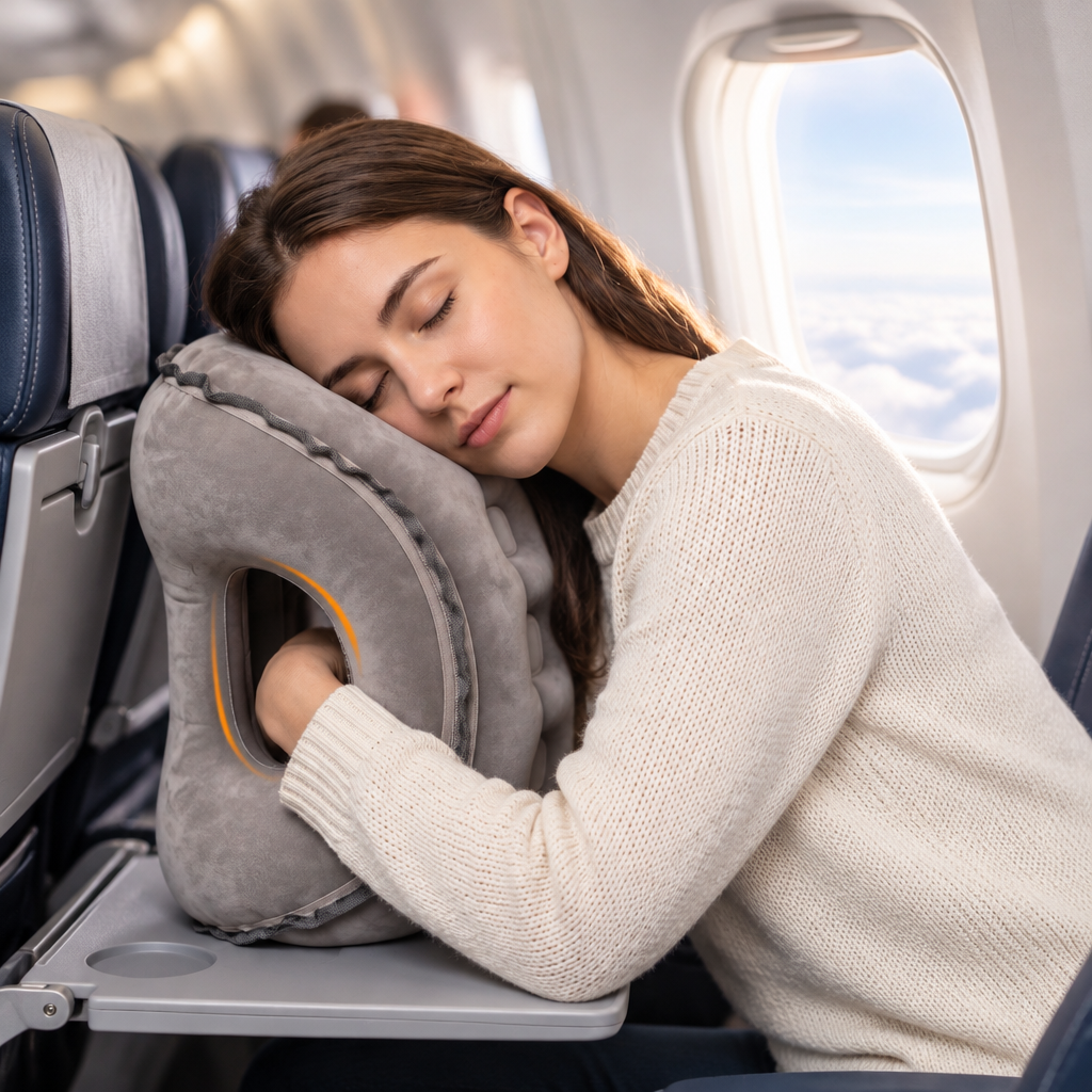 Sleeping on a plane with the CloudRest travel pillow on the tray table