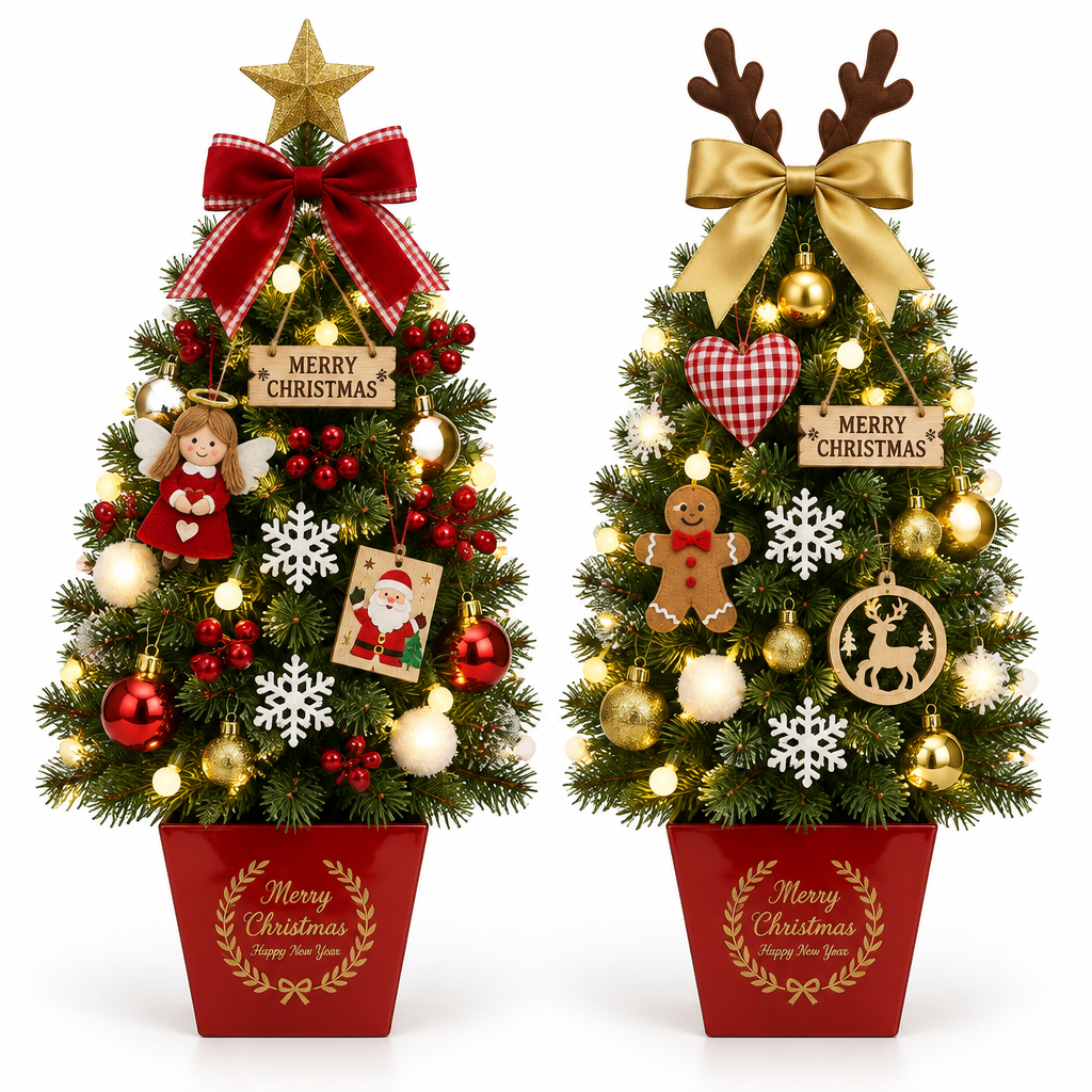 Mini Christmas trees in Red Star and Gold Reindeer styles