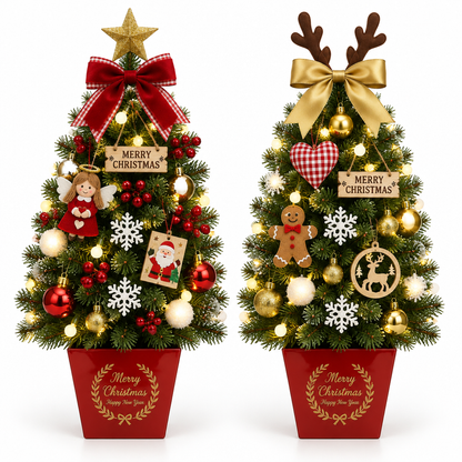 Mini Christmas trees in Red Star and Gold Reindeer styles