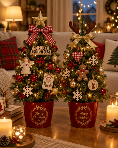 Both mini trees glowing on a coffee table in a cozy living room