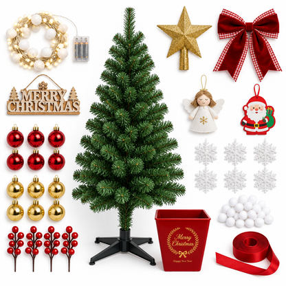 Everything included: tree, pot, fairy lights, topper, bow, ornaments and decorations